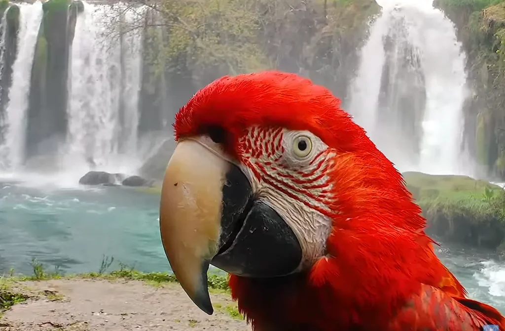 Red Parrot in Front of a Waterfall