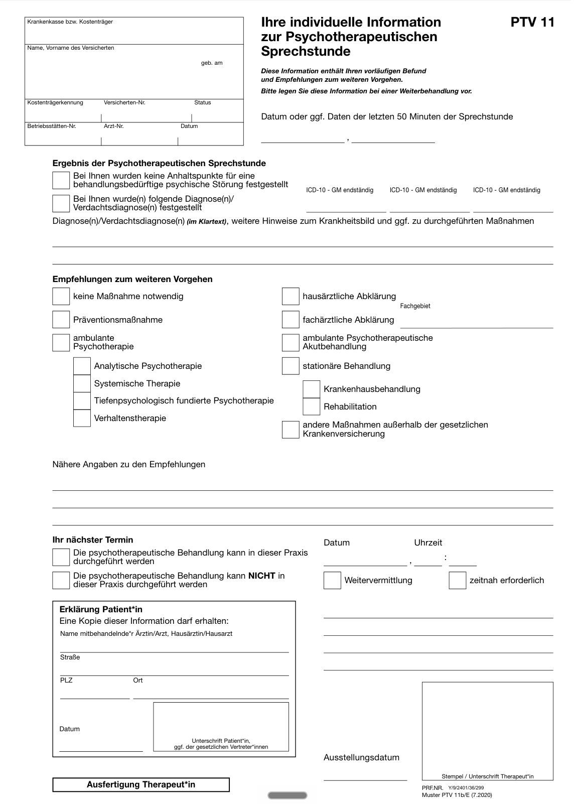 Praxisausfertigung des Formulars, textgleich mit der Patientenausfertigung