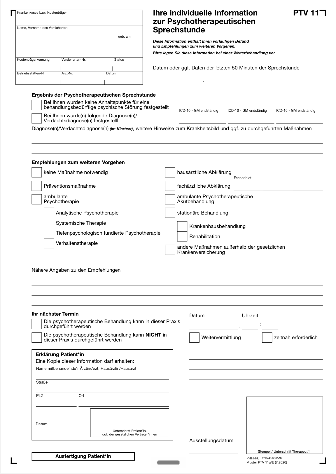 Patientenausfertigung des Formulars zur Psychotherapie mit allen fünf Feldern